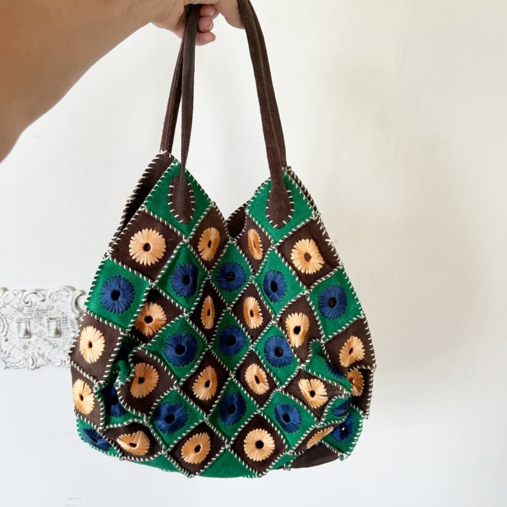 Vintage Boho Suede Crochet Granny Square Bag Blue Brown Green - Picture 1 of 9
